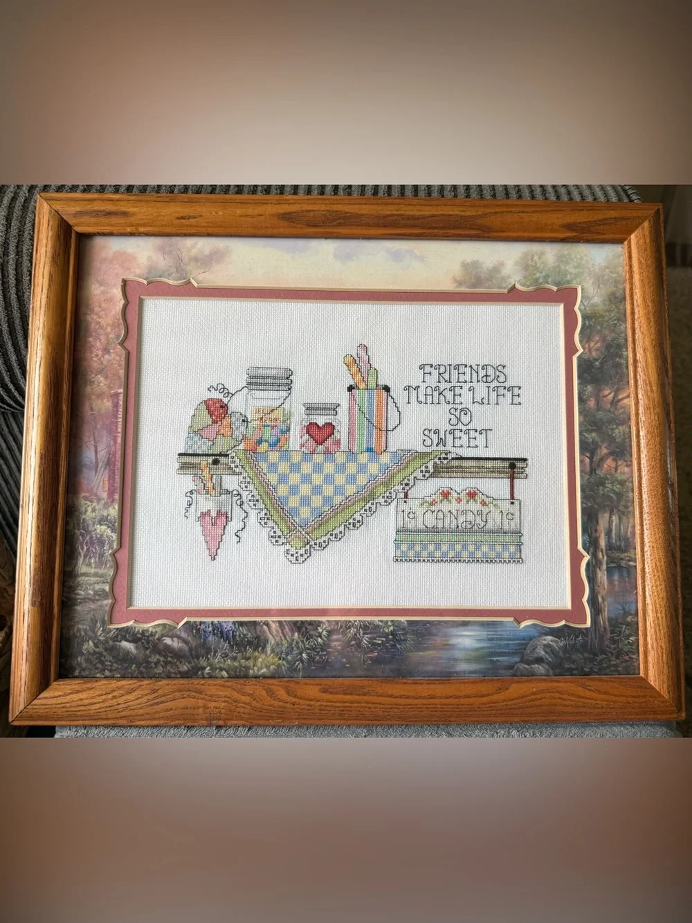 VTG Friends Candy Sweet Kitchen Cross-Stitch Wall Art Embroidery Framed